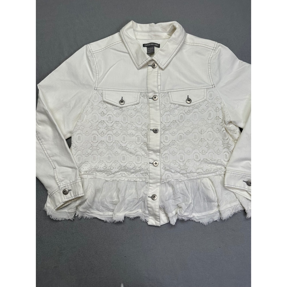 Kate & Mallory White Denim Lace Peplum Jacket Womens 1X Mixed Media Cottagecore